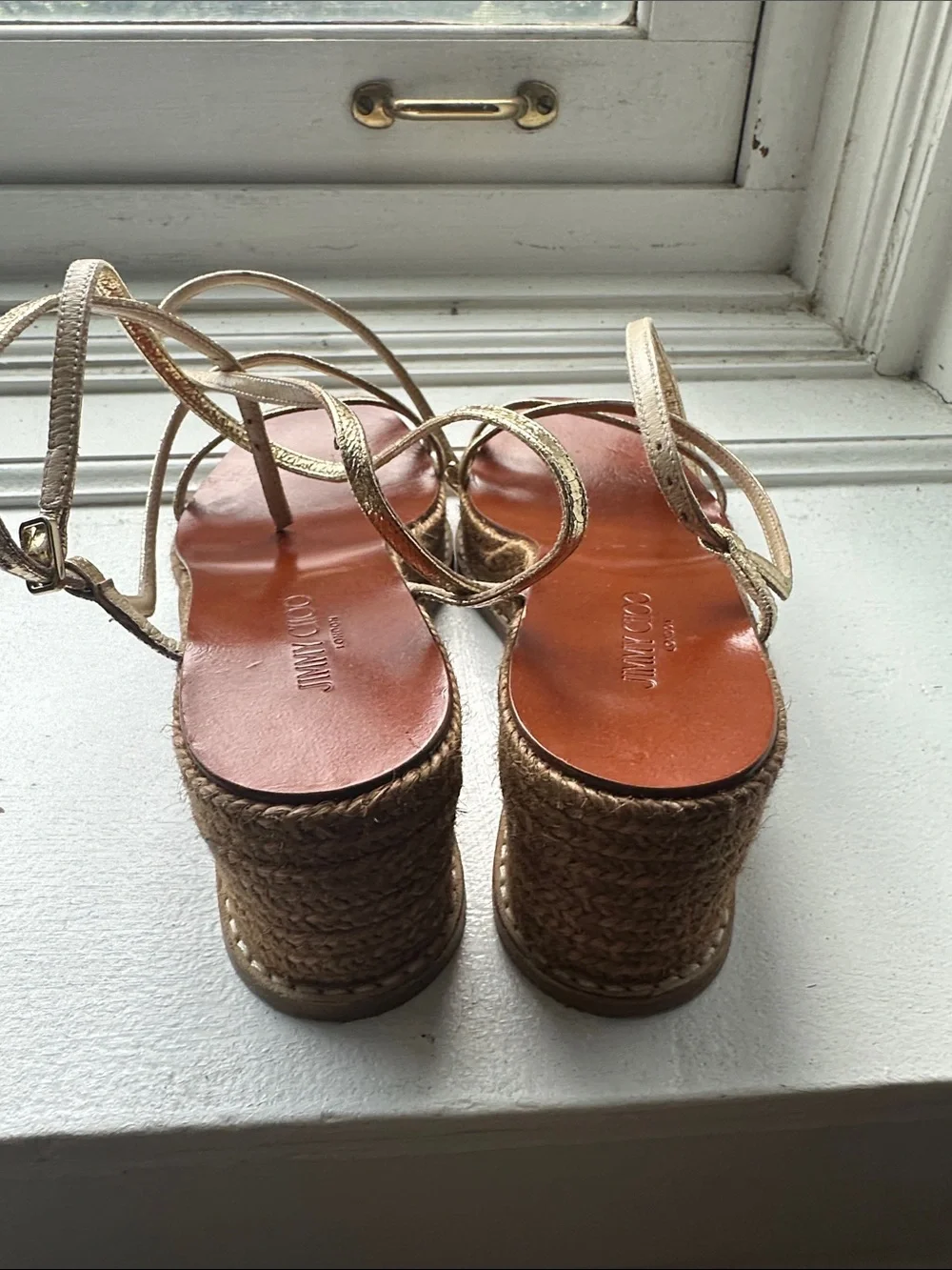 Jimmy Choo Gold Metallic Espadrille Wedge Sandal with Ankle Tie